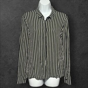 Reformation Arlington Blouse Black Striped Sheer Puff Sleeve Button-Front Top M